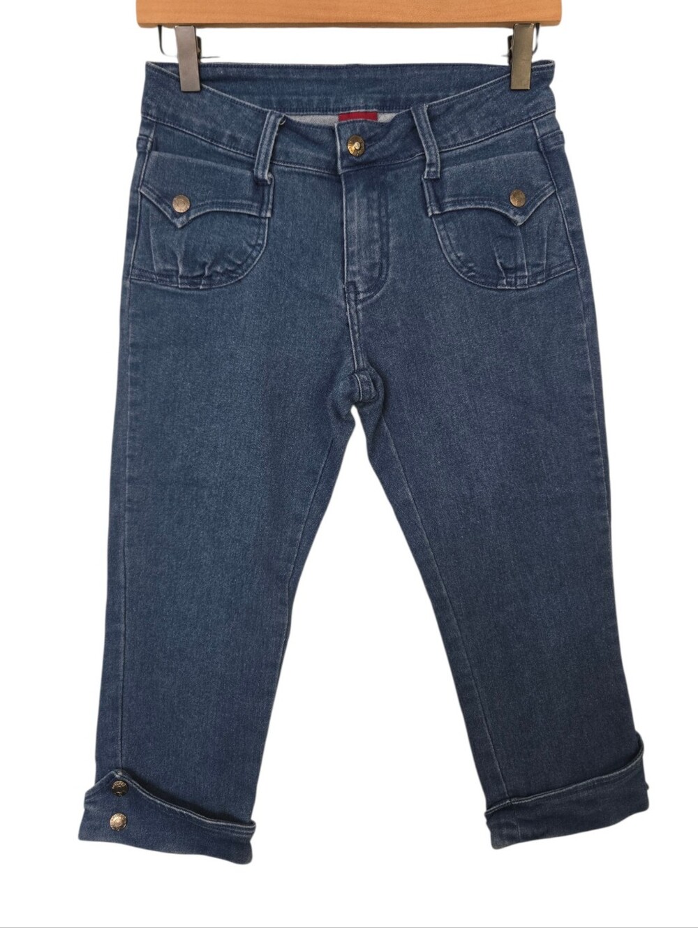 T&Y Fashion Dark Wash Denim Capri Jeans | Size 3/4 | Button Cuff Stretch Crop